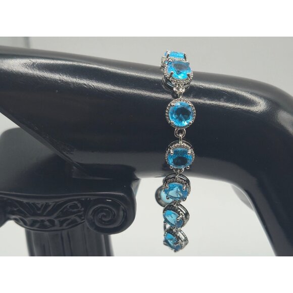Sterling Silver Bracelet Aquamarine Blue Topaz 925 Round Cut Tennis Style - Picture 6 of 7